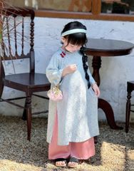 Áo dài lụa kèm bờm hai màu hồng/xanh cho bé size 2-10y