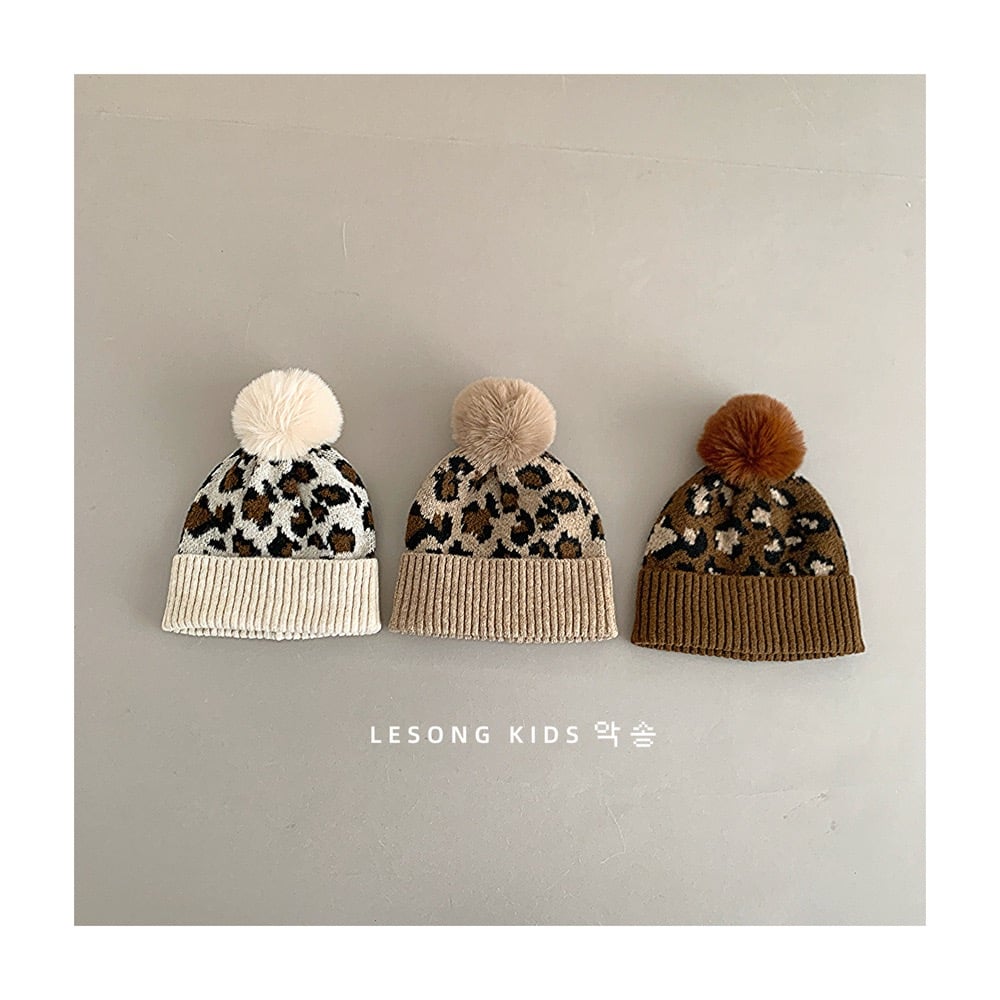 Mũ len cục lông hoạ tiết da báo nhiều màu cho bé gái size 4-8y