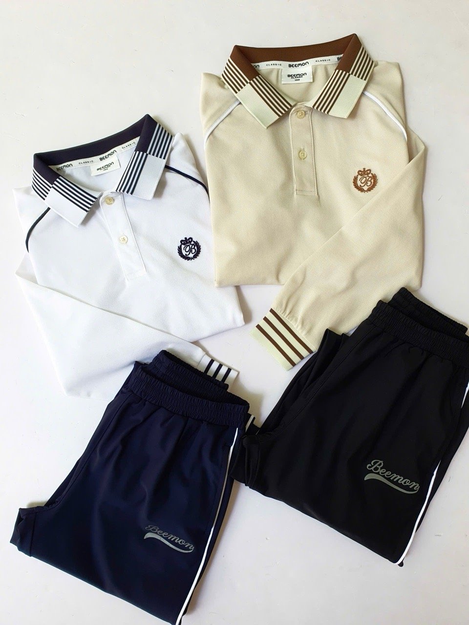 BM2508ST01 - Bộ Polo cổ kẻ Beemon dài tay 2 màu be nâu / trắng đen cho bé size 120 - 160