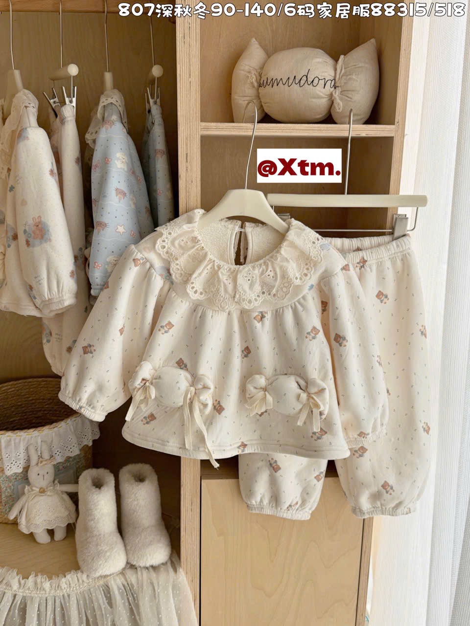 88315 - Bộ pyjama dày đại hàn LNX cổ ren túi hình kẹo Bé Gái size 90 - 140