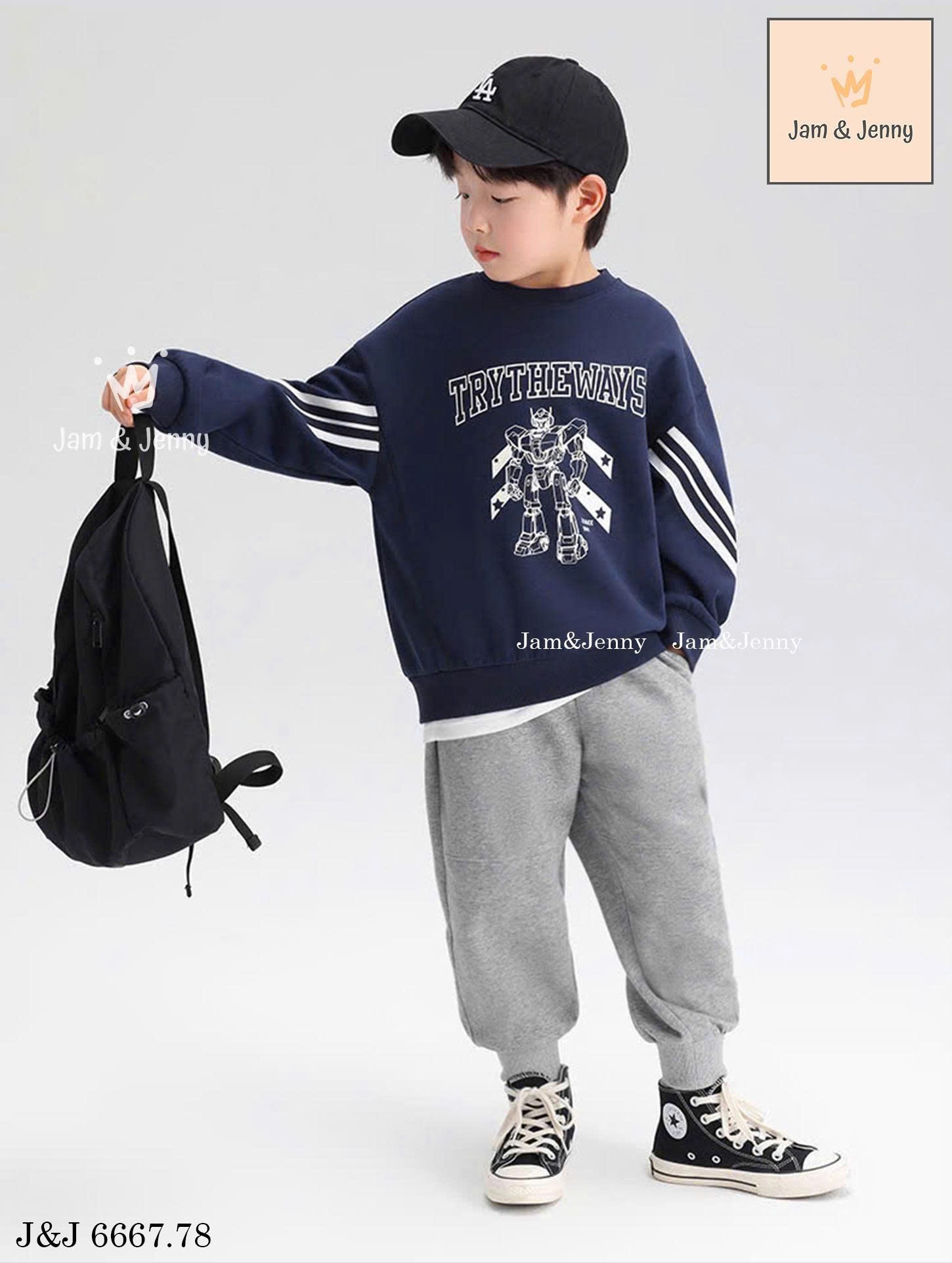 JJ 6667 - Bộ nỉ hai da Jam & Jenny áo navy robot + quần ghi bé trai size 2-12y