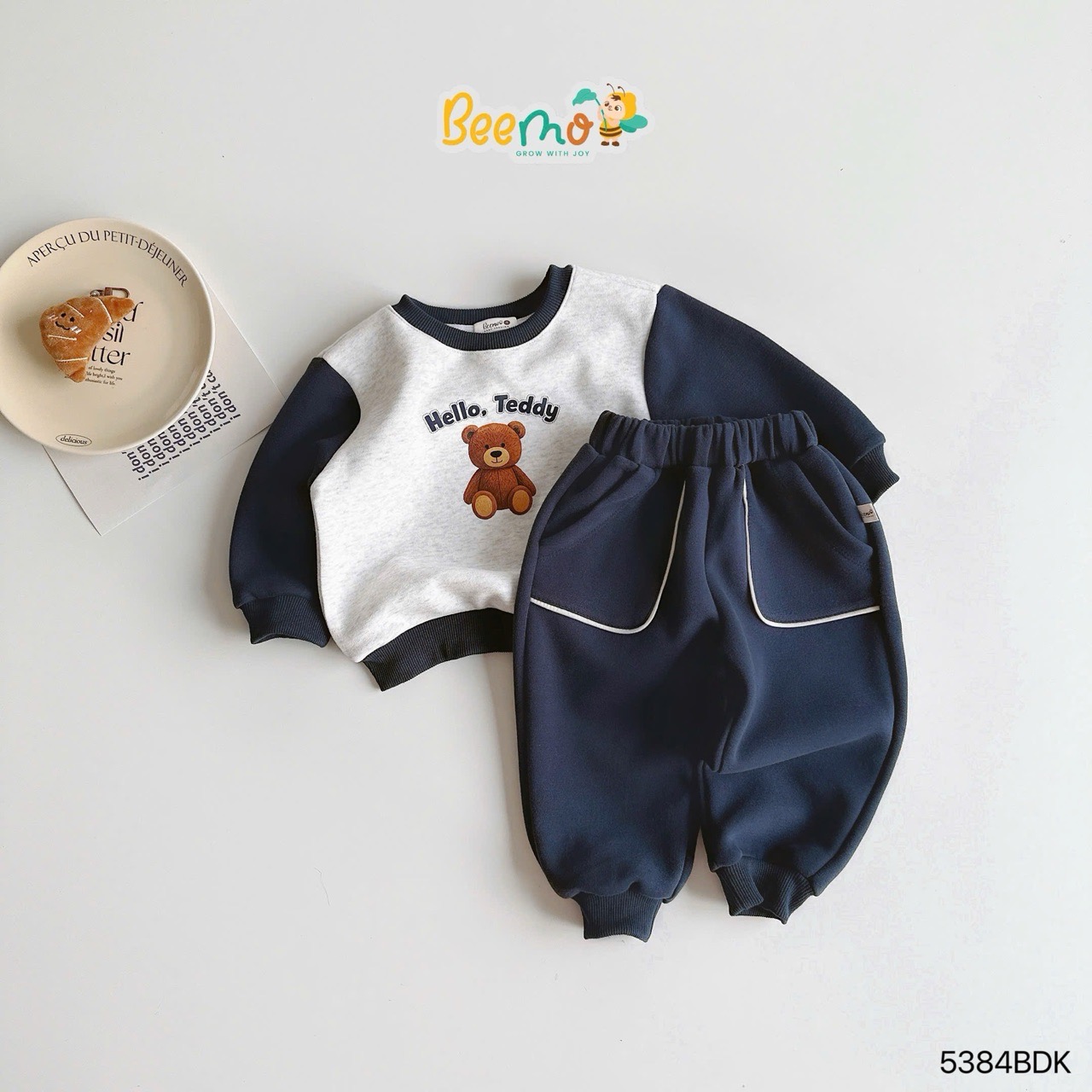 Bộ nỉ Beemo hai da tay giác lăng in gấu teddy 2  màu cho bé size 1-10y