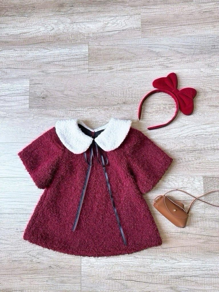 Váy len Tiny Winy lông phối cổ rời 2 màu hồng/đỏ cho bé size 1-9y