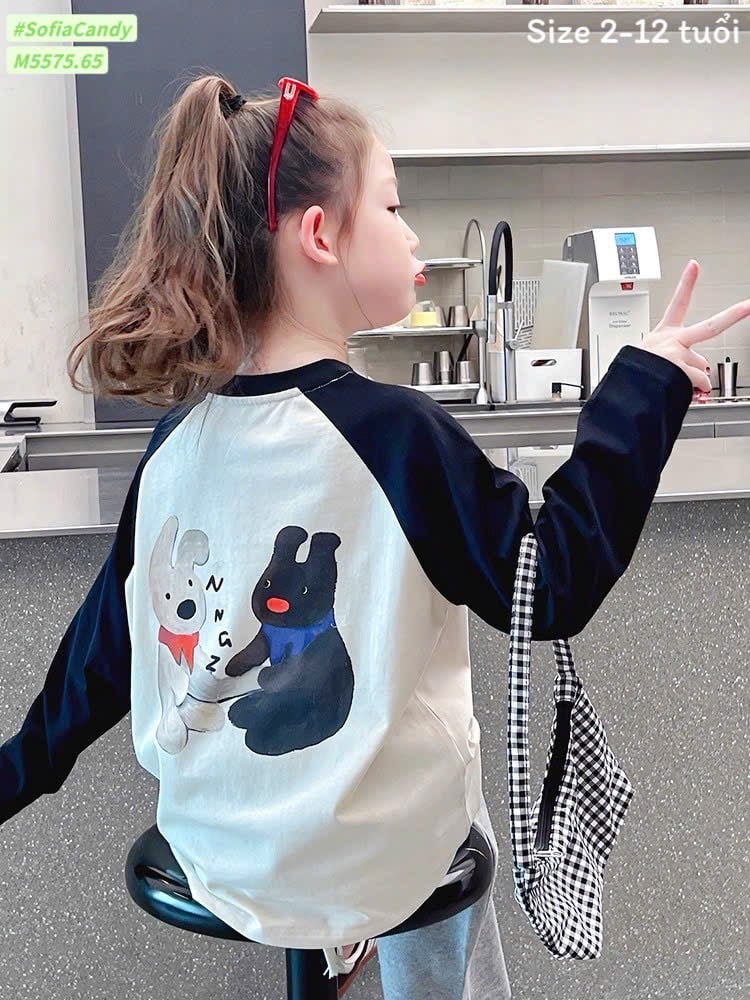 M5575 - Bộ Mia Kids áo dài tay cotton in hình cún + quần nỉ ghi size 2-12y