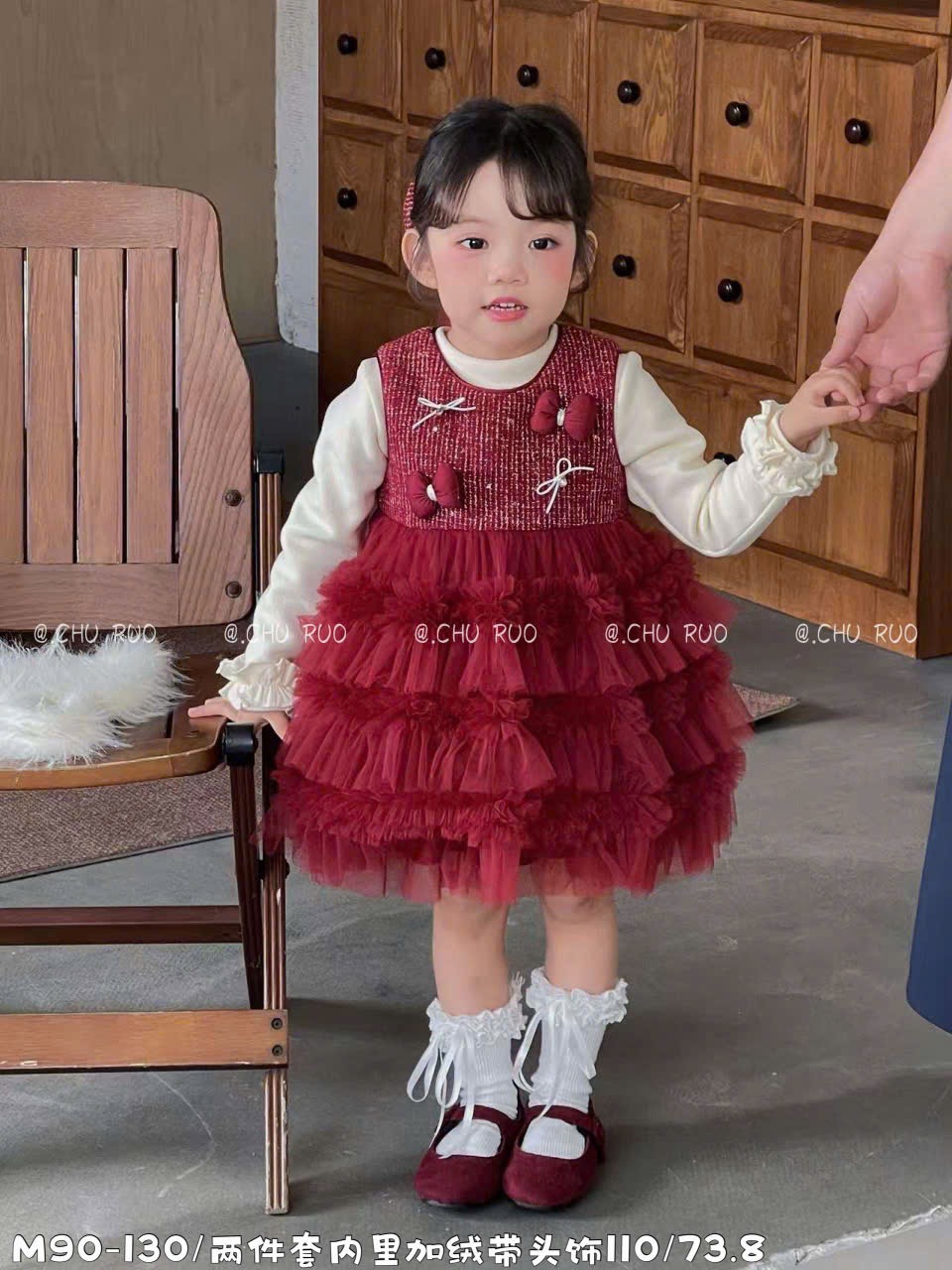 B25110 - Set áo len + váy dạ đính nơ màu đỏ chân váy tutu bé gái size 90-130