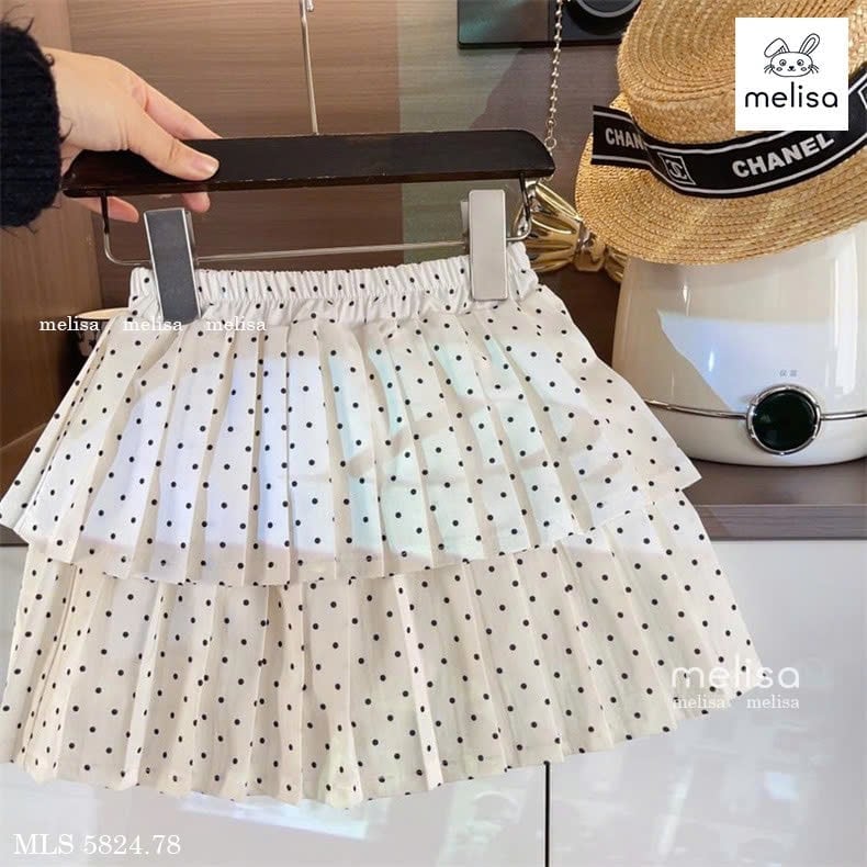 MLS 5824 - Bộ nỉ Melisa áo ghi nơ + chân váy xếp ly chấm bi bé gái size 2-12y