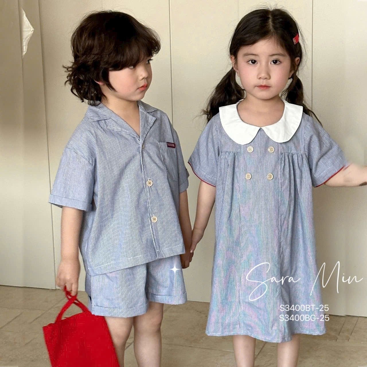 S3400 - Set bộ/ Váy Sara Min kẻ xanh cho bé mặc đôi size 2-12y