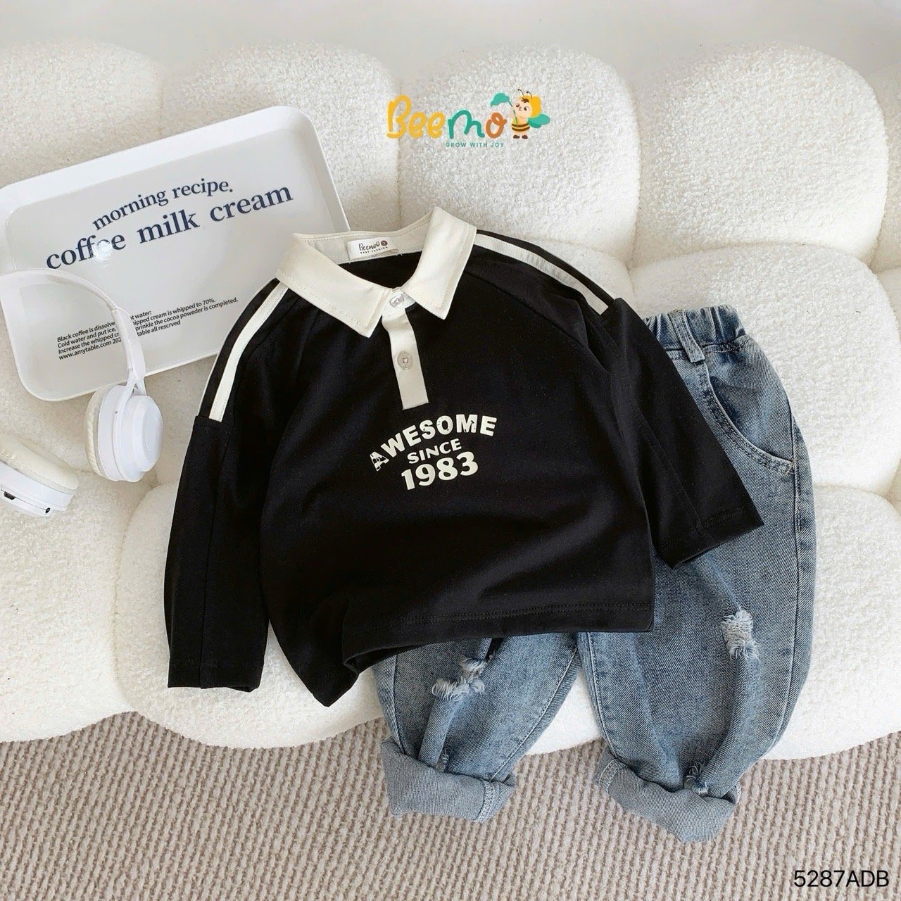 Áo polo cổ đức Beemo phối chữ Awesome 3 màu cho bé trai size 1-6y