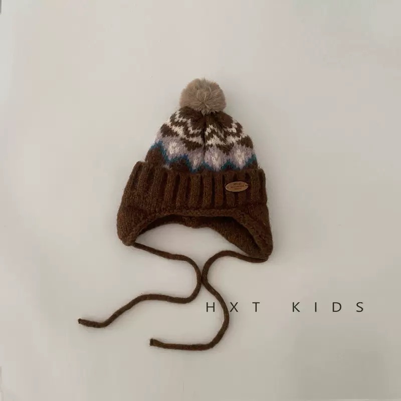Mũ len chùm tai cục bông họa tiết thổ cẩm cho bé size 47-52cm
