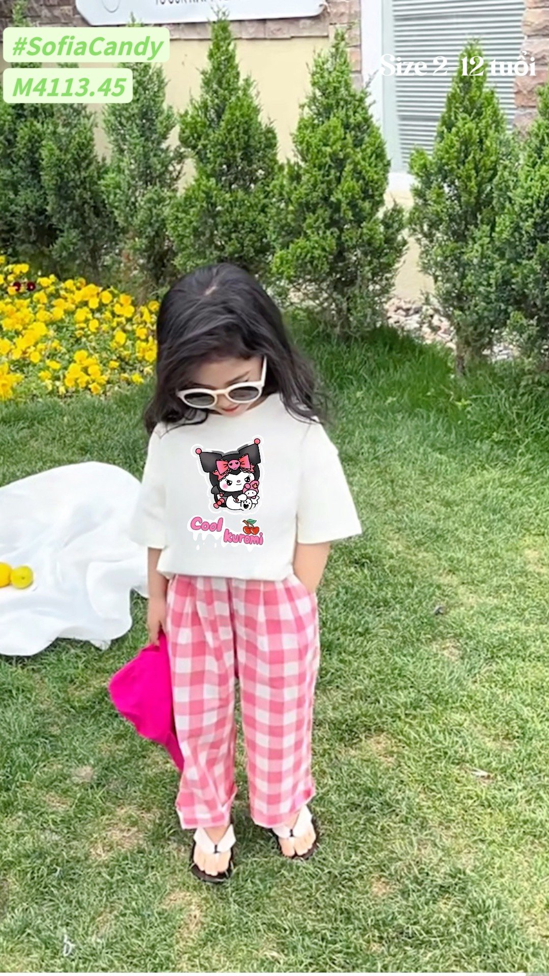 Set bộ Mia Kid áo cotton trắng + quần kẻ hồng BG size 2-12y