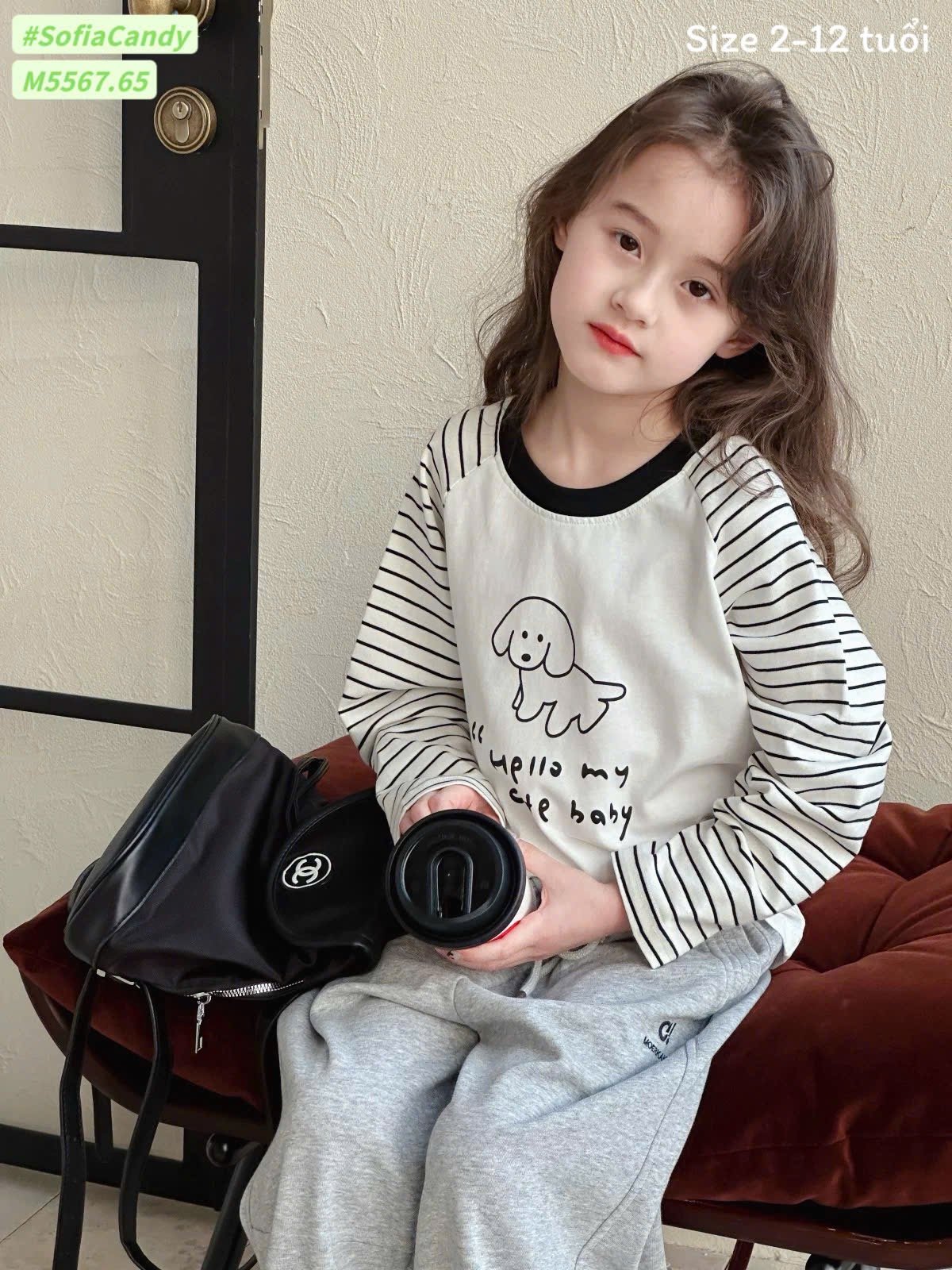 M5567 - Bộ Mia Kids áo cotton trắng cún phối tay kẻ đen - quần nỉ màu ghi size 2 - 12y