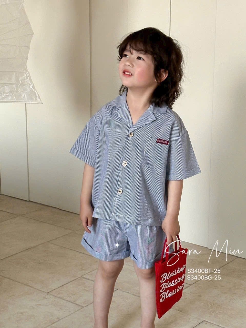 S3400 - Set bộ/ Váy Sara Min kẻ xanh cho bé mặc đôi size 2-12y