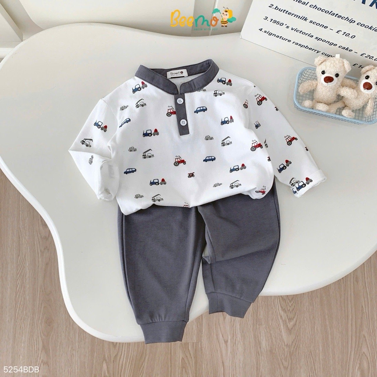 Bộ thun Beemo dài tay in tràn hình ô tô bé trai size 1-6y