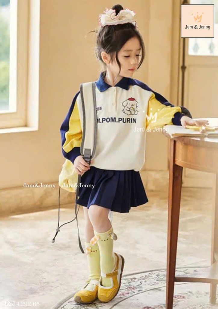 JJ 1292 - Bộ Jam & Jenny áo polo phối tay in chữ Pompompurin + chân váy size 2-12y