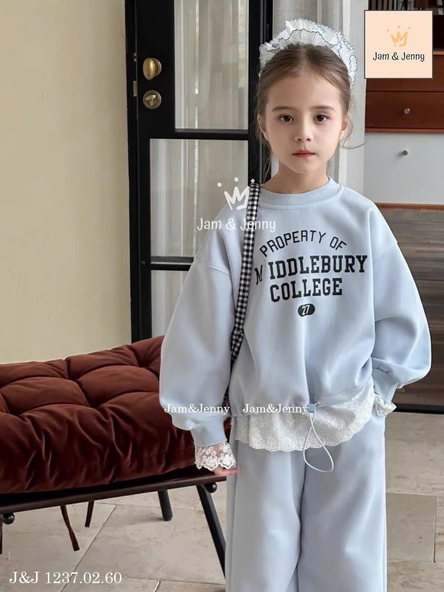 JJ 1237 - Bộ nỉ da cá mỏng Jam & Jenny 2 màu hồng/xanh bé gái size 2-12y