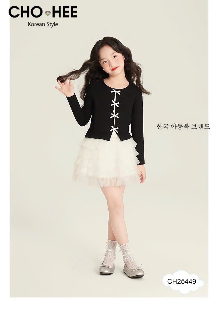 CH25449 - Bộ Cho Hee áo cotton đính nơ + chân váy tutu 2 màu bé gái size 2-11y