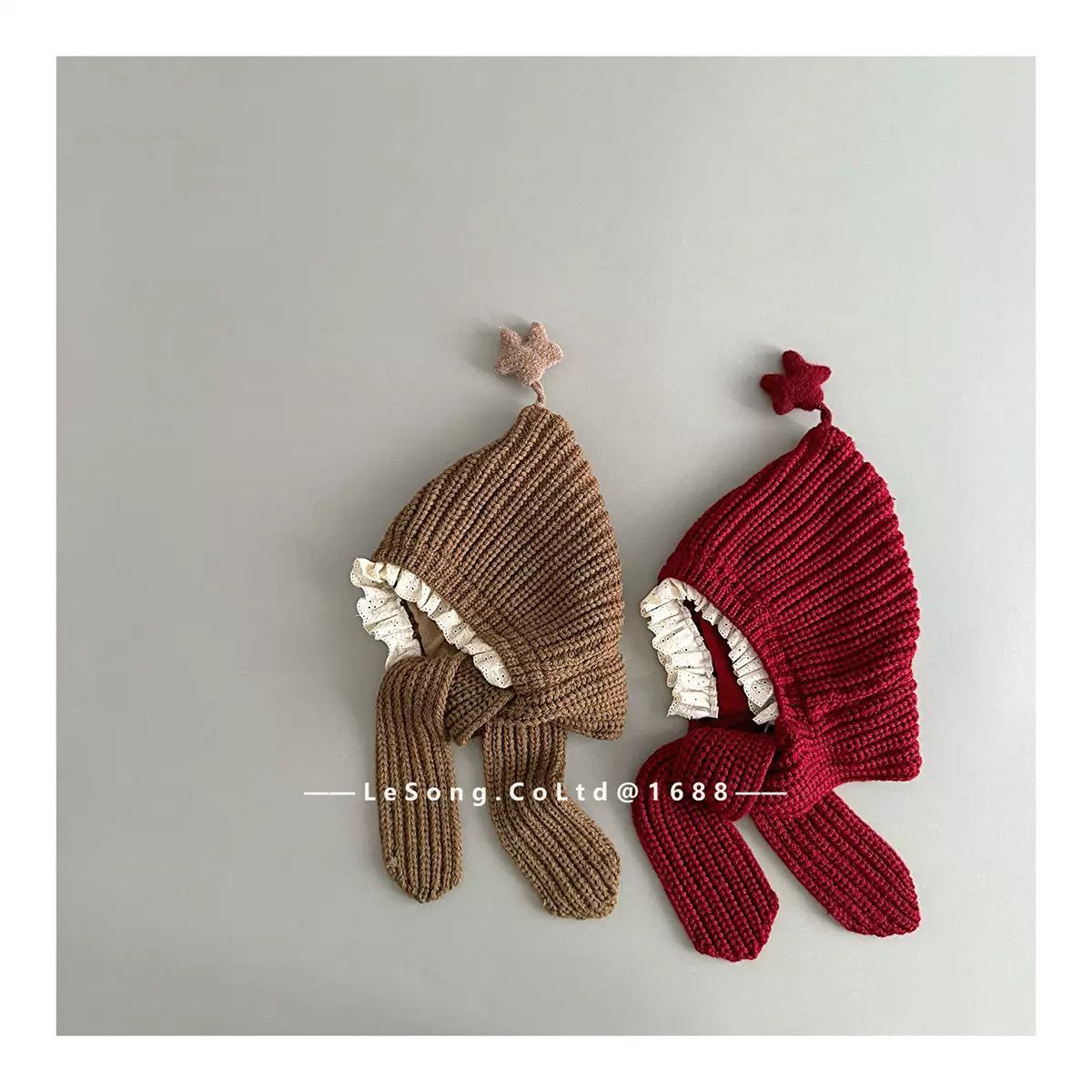 Mũ len chóp đính ngôi sao viền bèo liền khăn nhiều màu cho bé size 2-5y