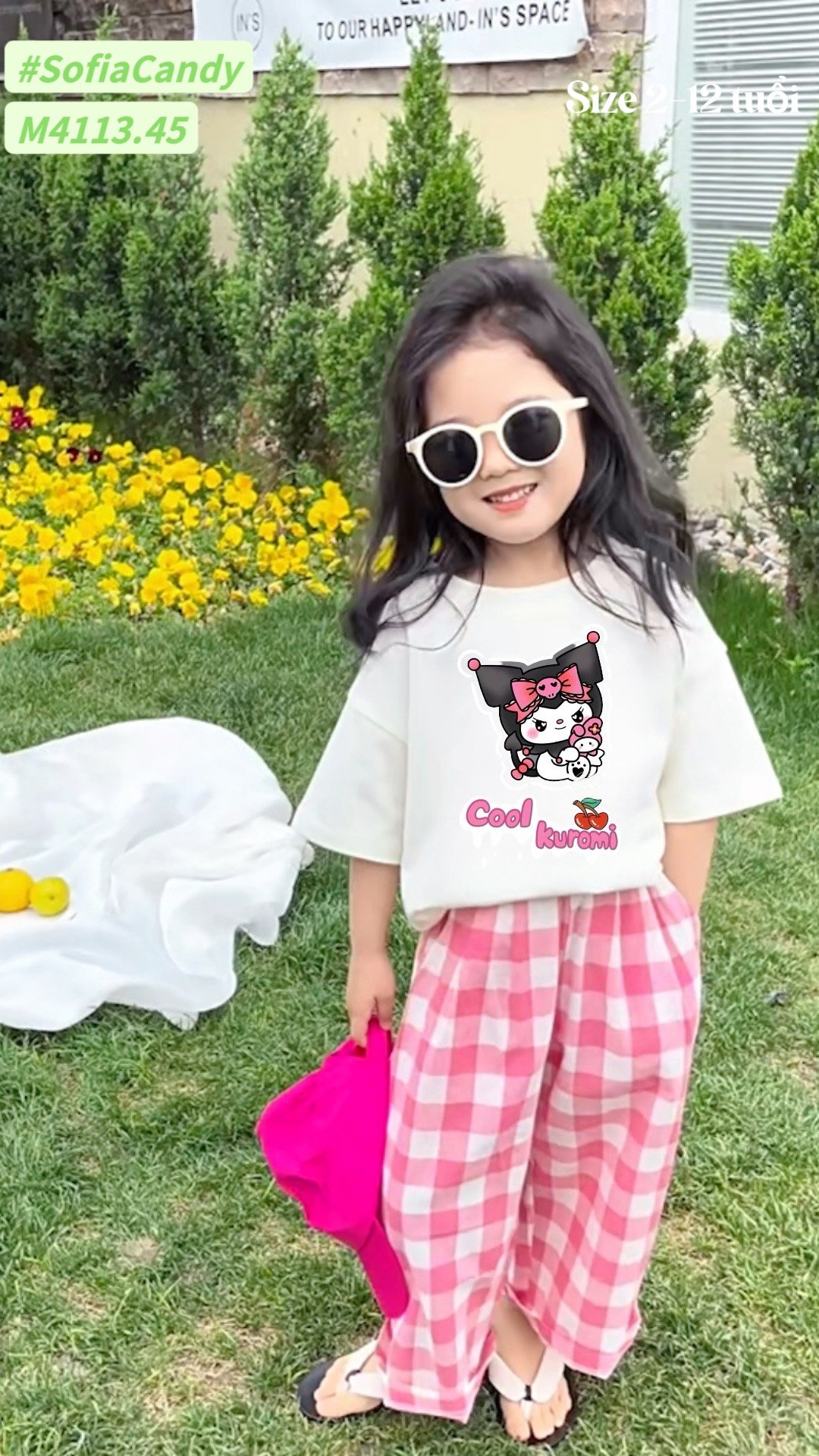 Set bộ Mia Kid áo cotton trắng + quần kẻ hồng BG size 2-12y