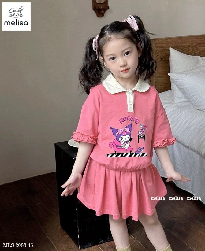 Bộ Melisa Kuromi áo Polo hồng cam cổ trắng + chân váy BG size 2-12y