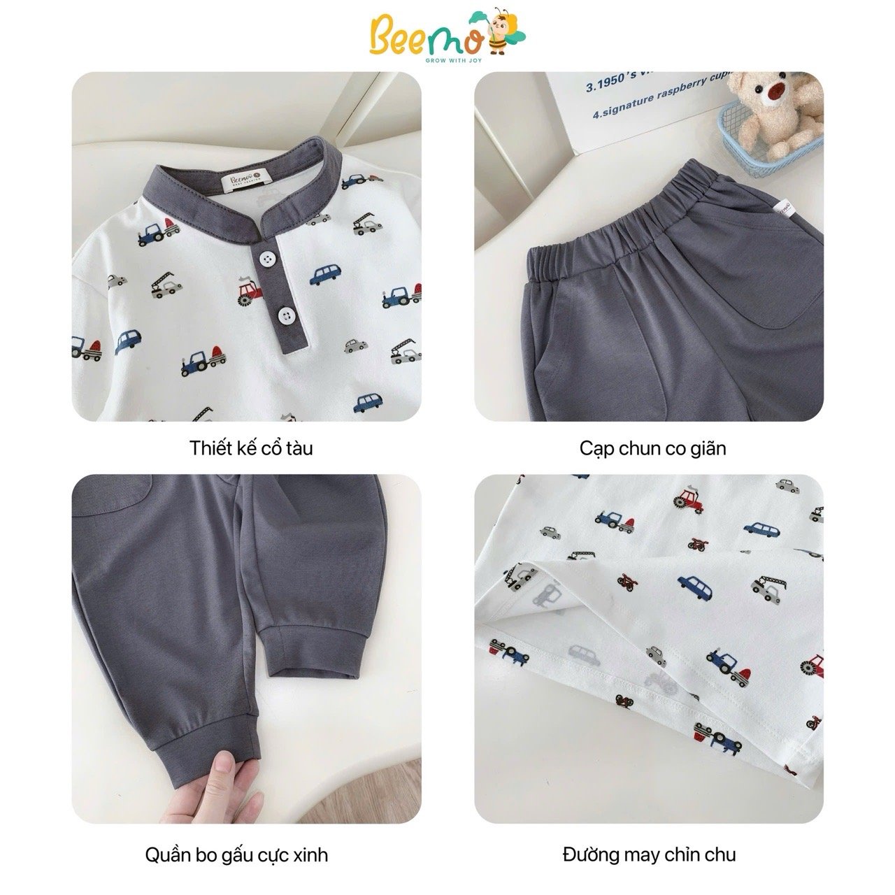 Bộ thun Beemo dài tay in tràn hình ô tô bé trai size 1-6y