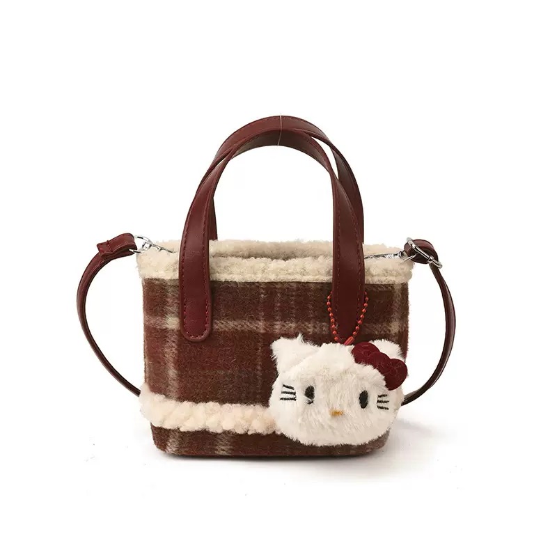 Túi xách tay đeo chéo da lộn kẻ caro charm kitty 2 màu cho bé