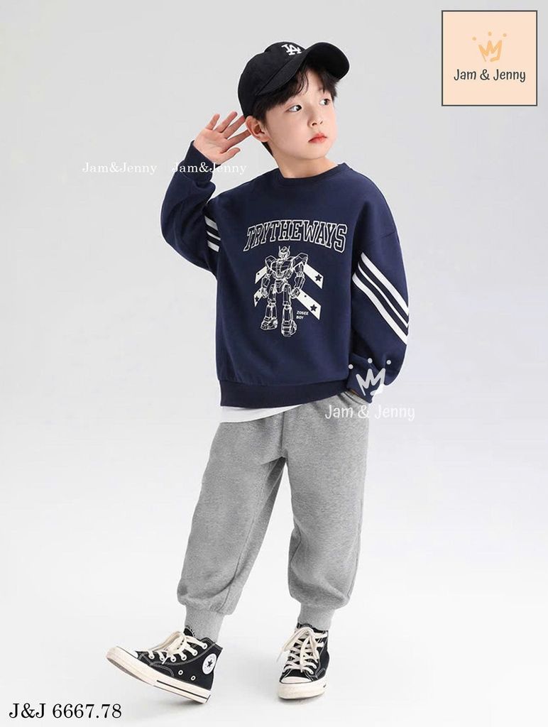 JJ 6667 - Bộ nỉ hai da Jam & Jenny áo navy robot + quần ghi bé trai size 2-12y