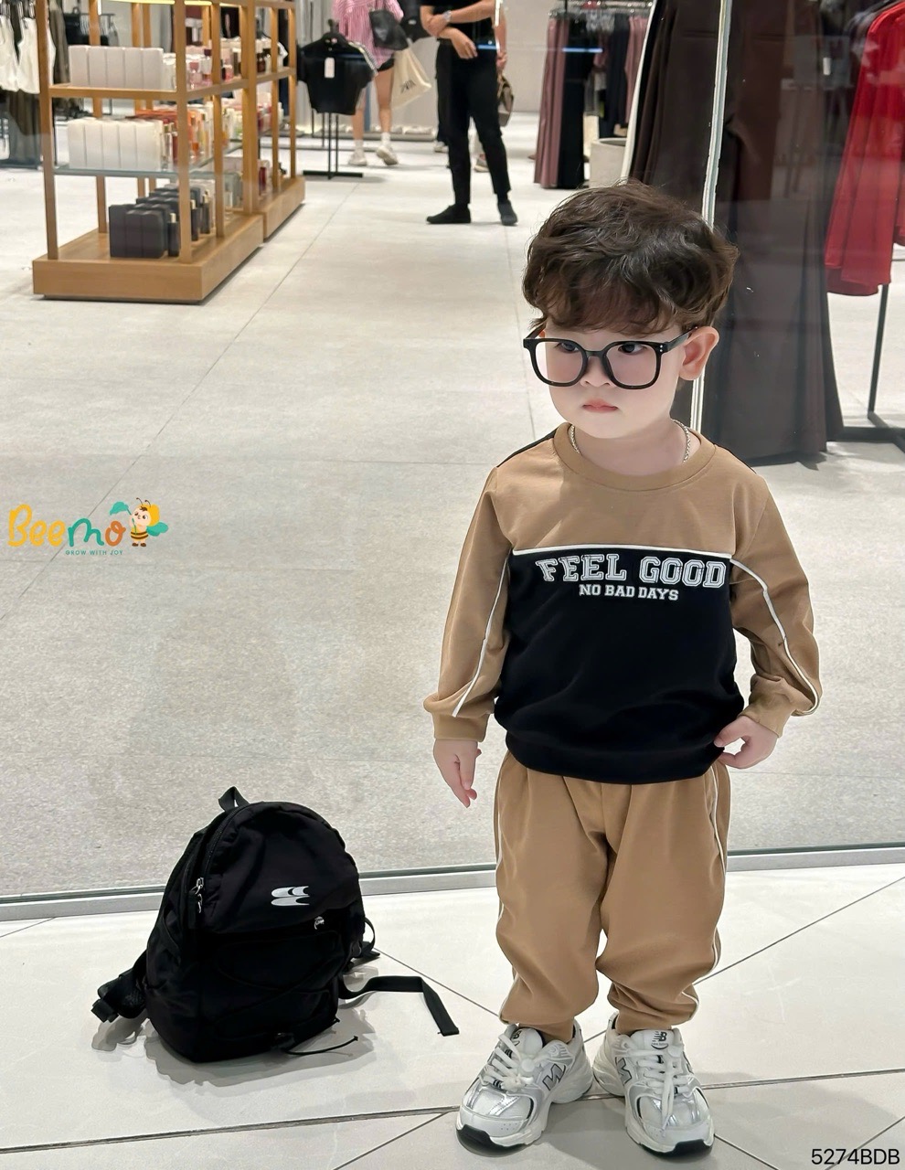 Bộ cotton dài tay phối chữ Beemo 2 màu nâu/xanh bé trai size 1-6y