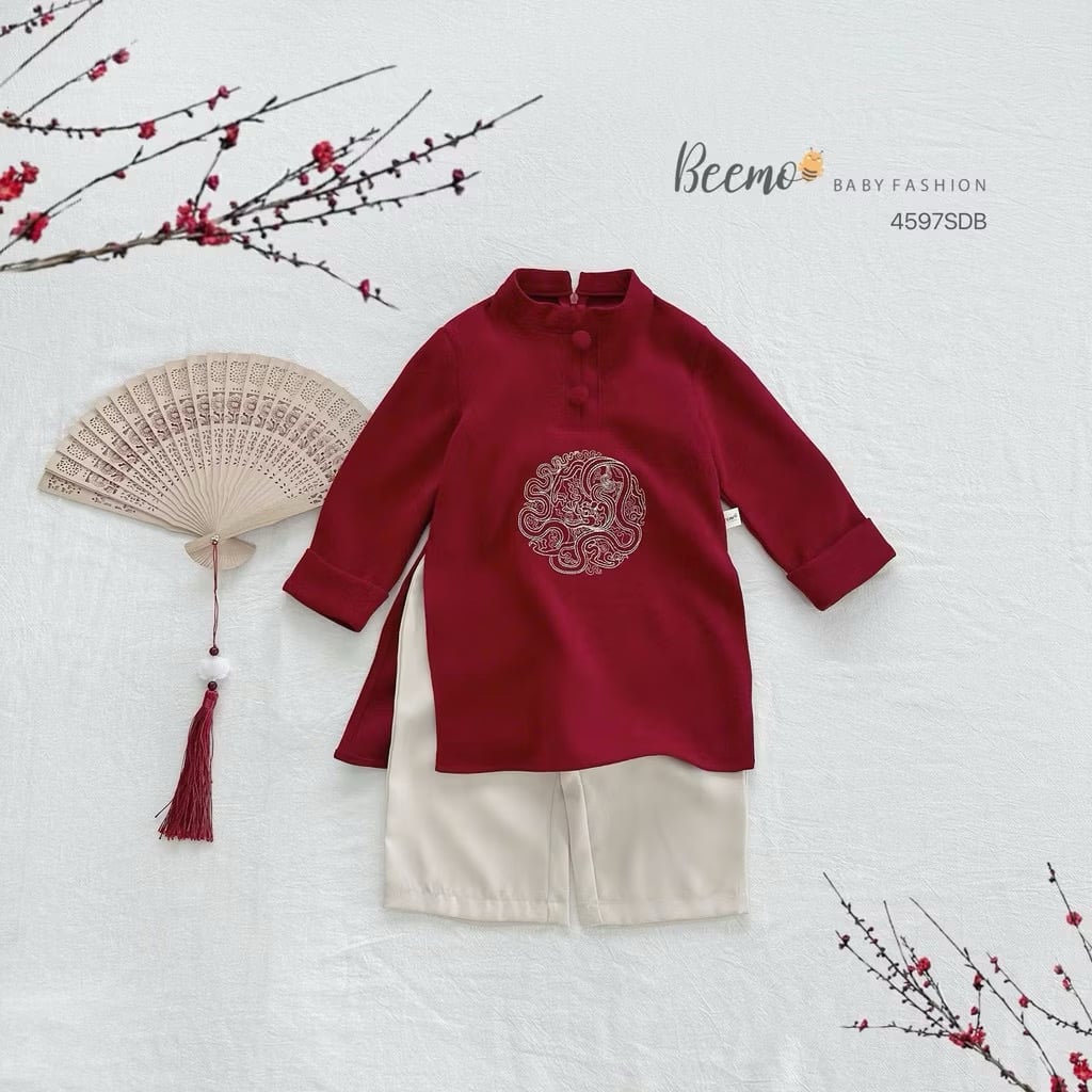 4597SDB - Áo dài Beemo bé trai thêu 2 màu đỏ/be size 80-130