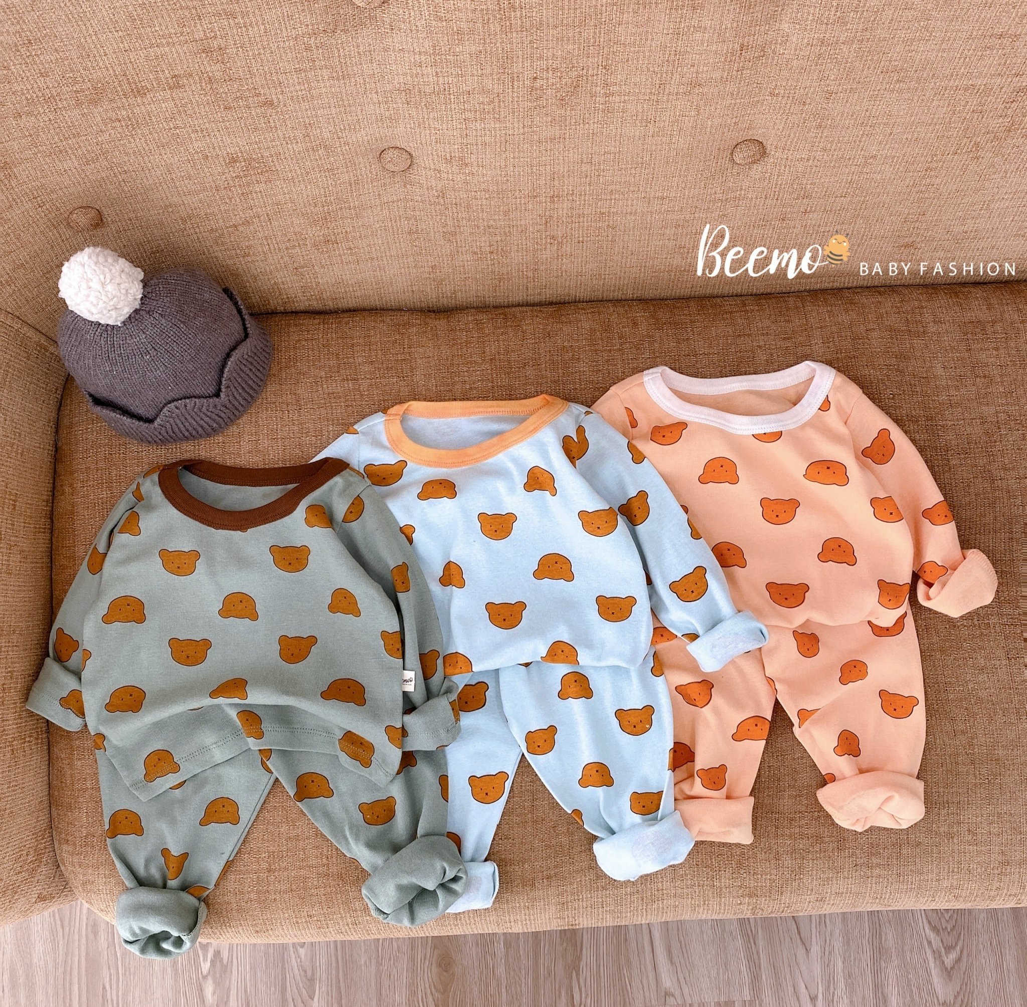 Bộ cotton Beemo hình mặt gấu in tràn 3 màu size 80 - 130