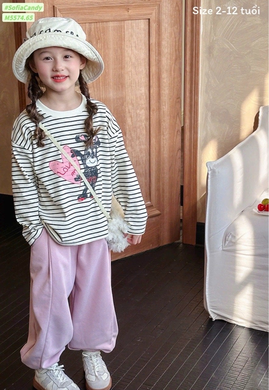 M5574 - Set bộ Mia Kids áo kẻ đen + quần nỉ hồng bé gái size 2-12y