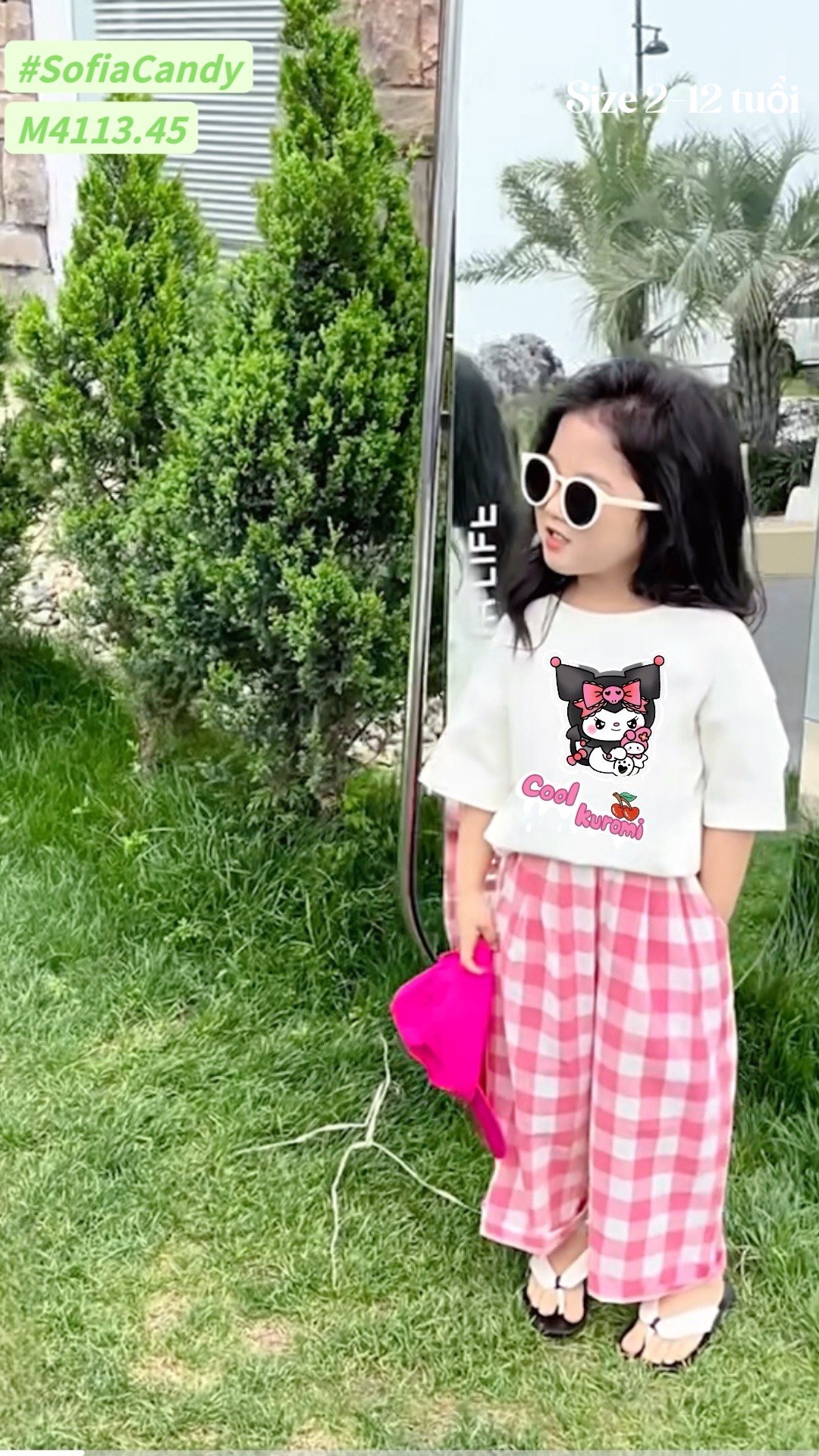 Set bộ Mia Kid áo cotton trắng + quần kẻ hồng BG size 2-12y