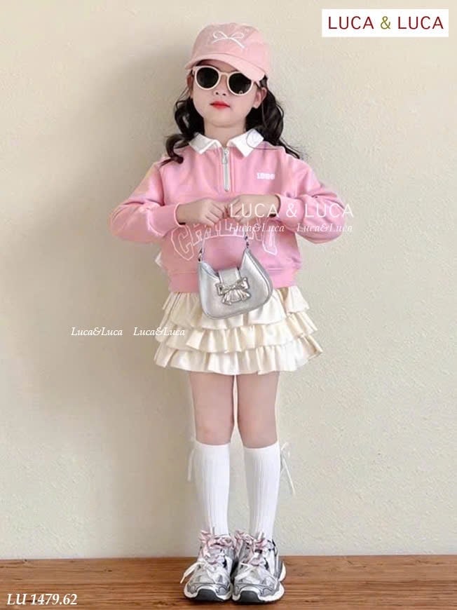 LU 1479 - Bộ nỉ Luca áo hồng cổ trắng + chân váy 3 tầng bé gái size 2-12y