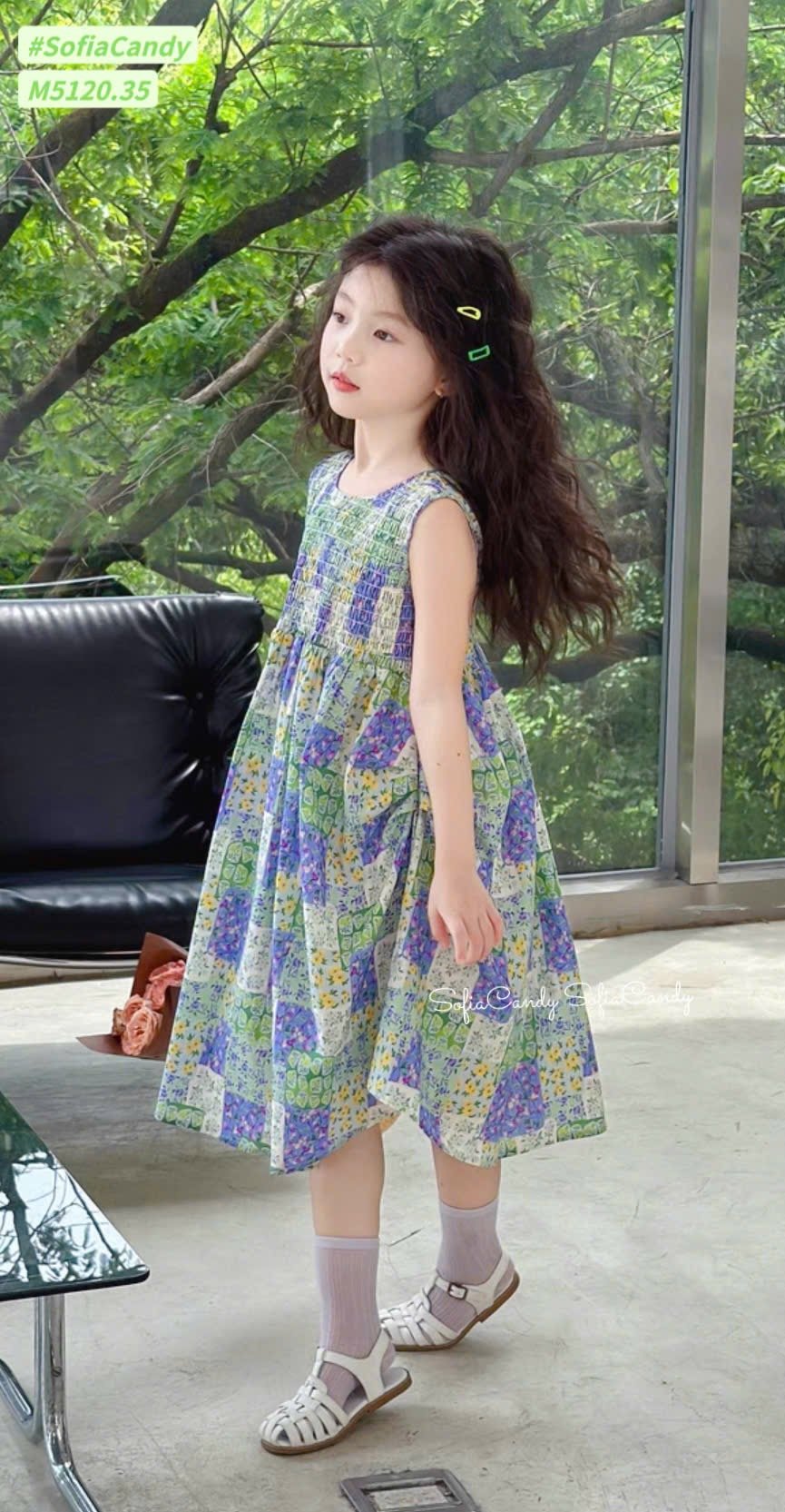 M5120 - Váy Mia Kids hoa tím xanh thêu smock cho bé gái size 1-10y