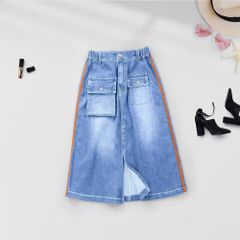 Chân váy midi vải jean mềm co giãn túi hộp xẻ trước Nexxi dòng đại 2 màu size 9-14y