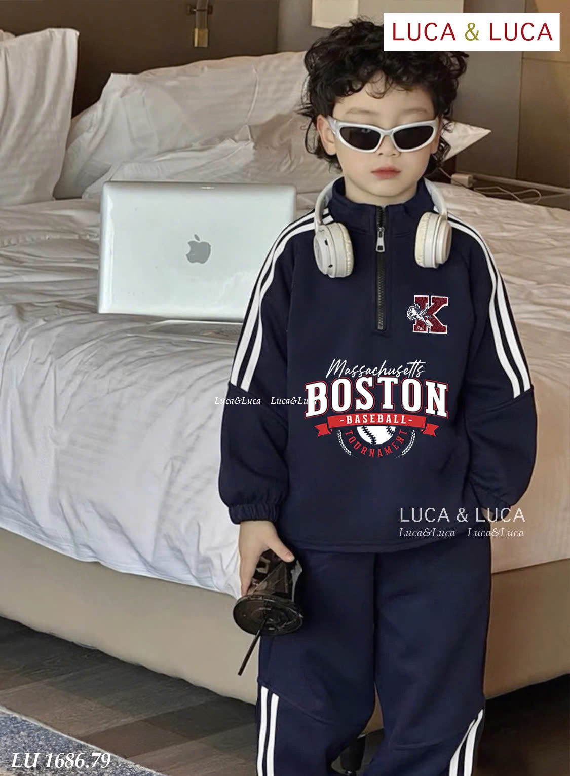 Lu 1686 - Bộ nỉ hai da Luca Boston cổ kéo khóa màu navy bé trai size 2-12y