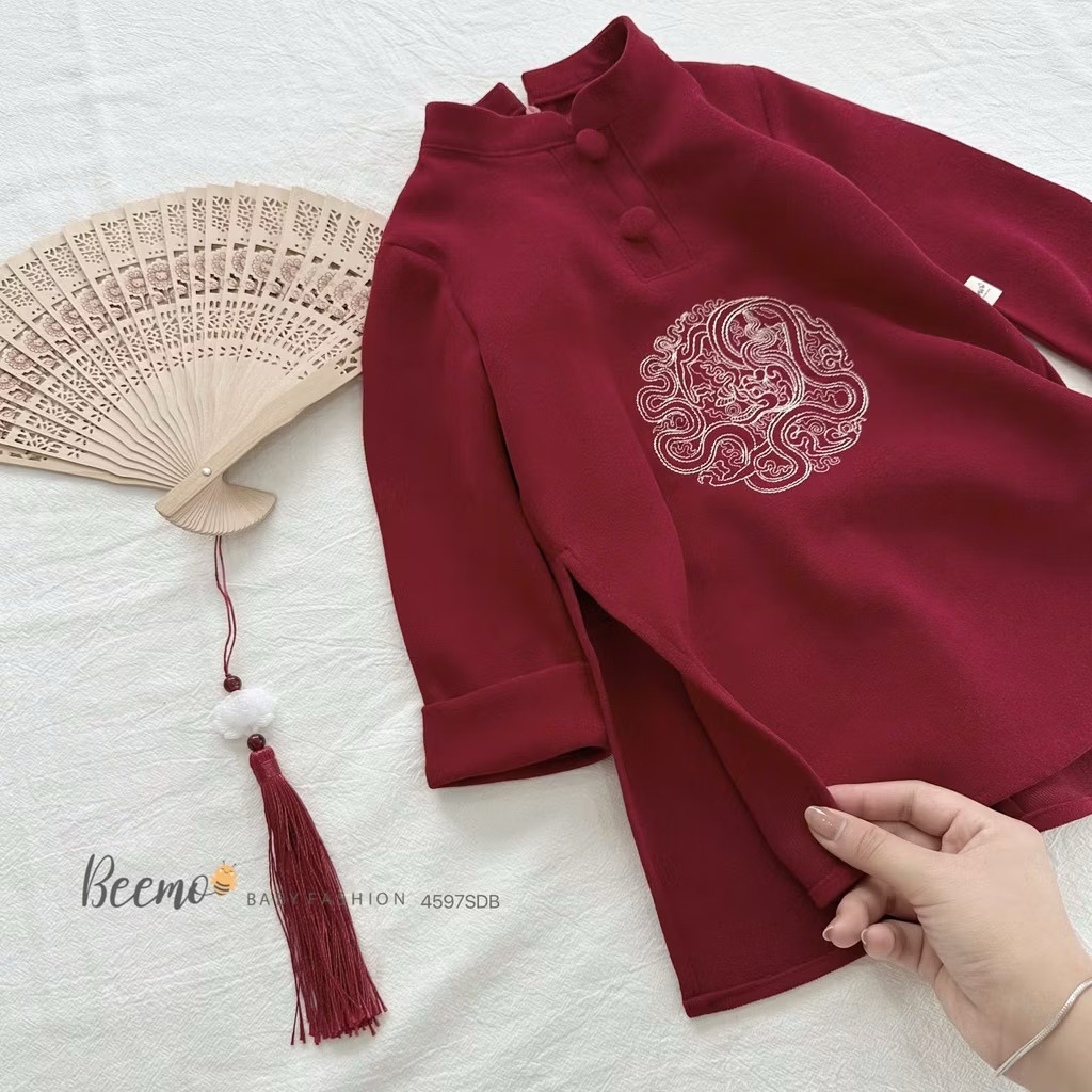 4597SDB - Áo dài Beemo bé trai thêu 2 màu đỏ/be size 80-130