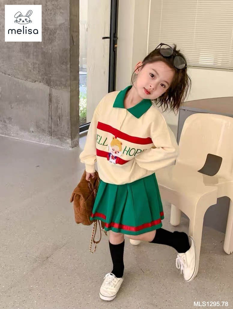 Set da cá Melisa áo kem phối xanh lá Well Hope + chân váy xanh lá size 2 - 12y