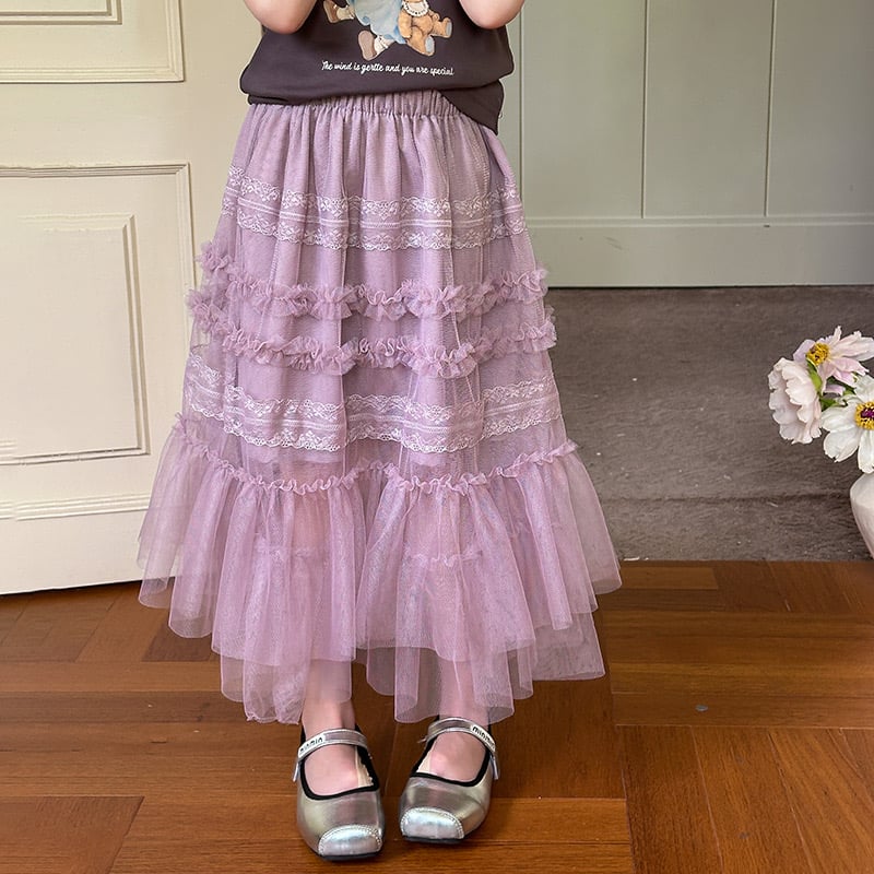 Chân váy ren dáng dài AMBB 2 màu kem/tím bé gái size 90-170