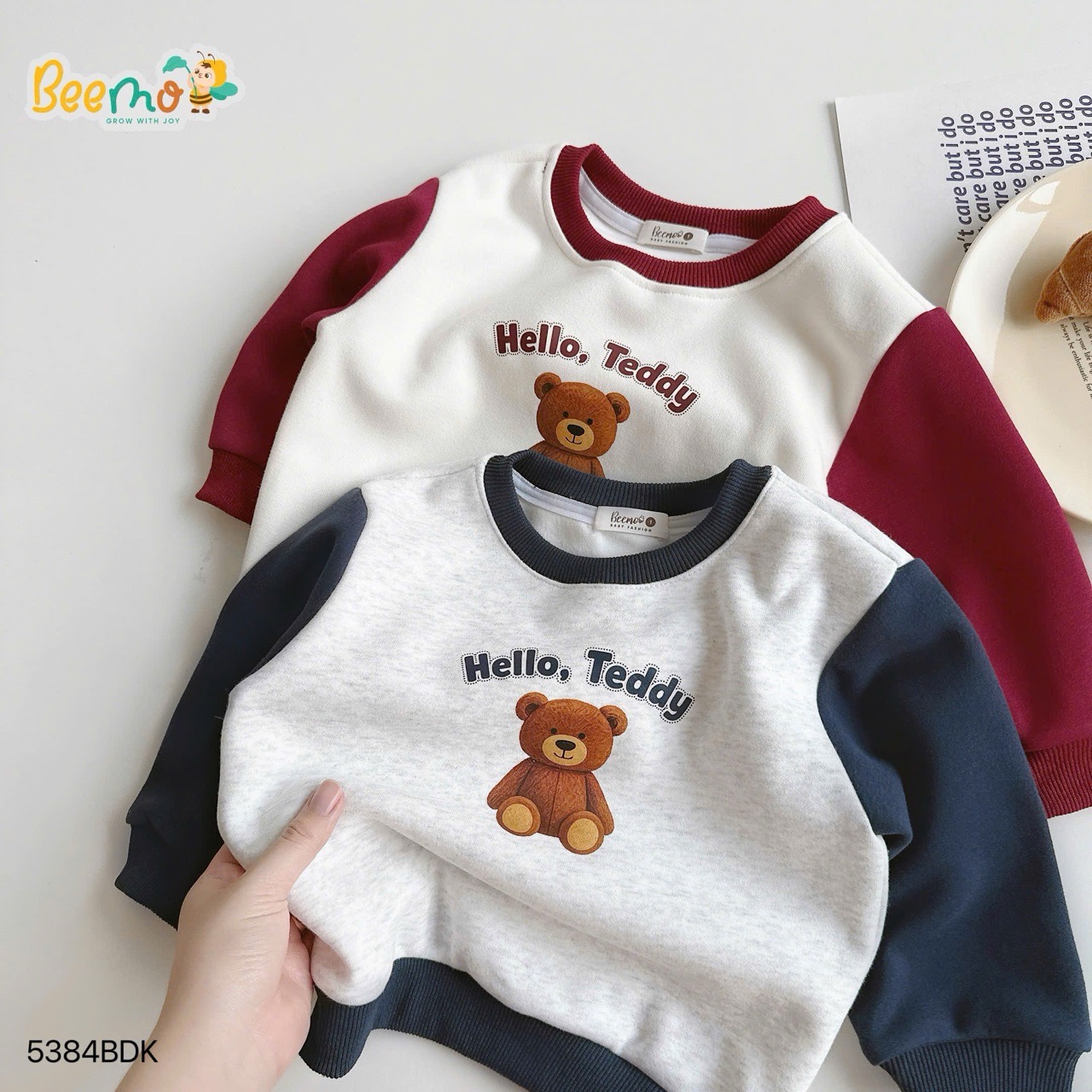 Bộ nỉ Beemo hai da tay giác lăng in gấu teddy 2  màu cho bé size 1-10y