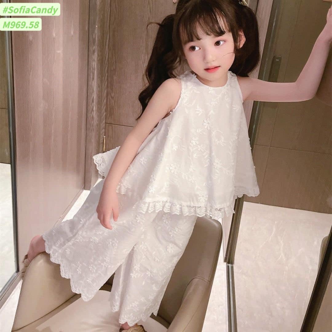 Bộ Mia Kids thô thêu đính hoa màu trắng áo sát nách + quần dài size 1-10y