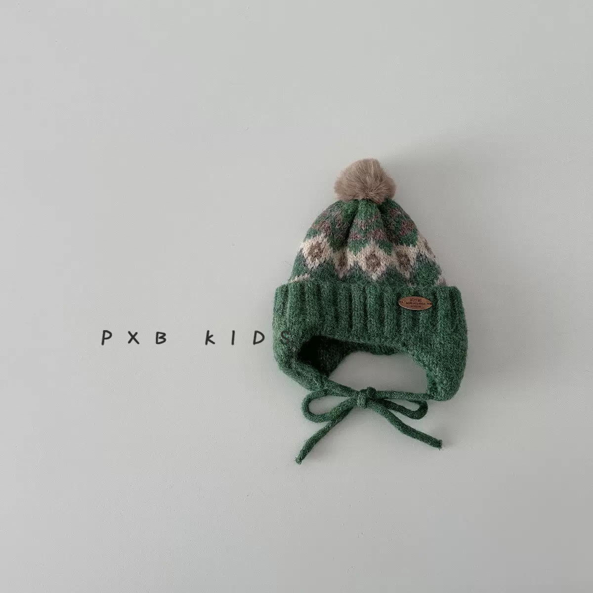 Mũ len chùm tai cục bông họa tiết thổ cẩm cho bé size 47-52cm