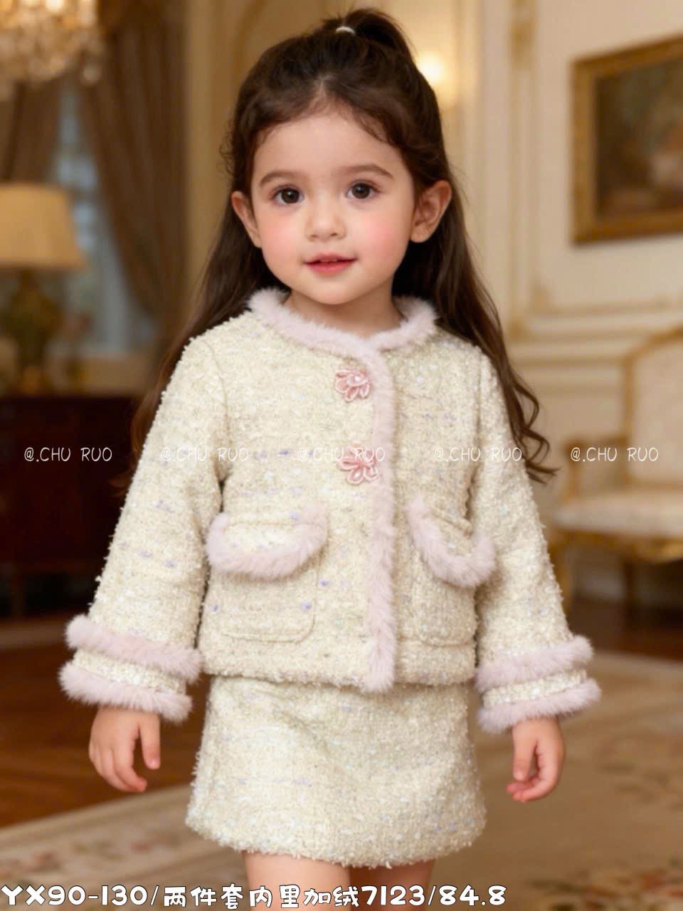 7123 - Set 2ct áo khoác + chân váy dạ tweed lót nỉ ấm màu be vàng size 90-130