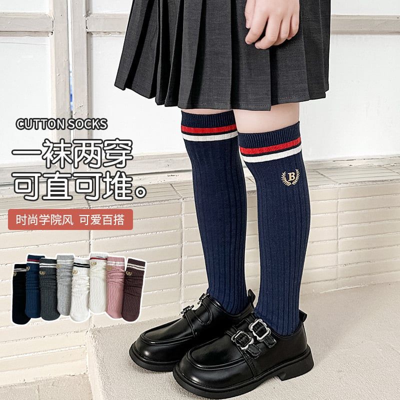Tất cao cổ thêu B viền kẻ nhiều màu cho bé size 4-12y