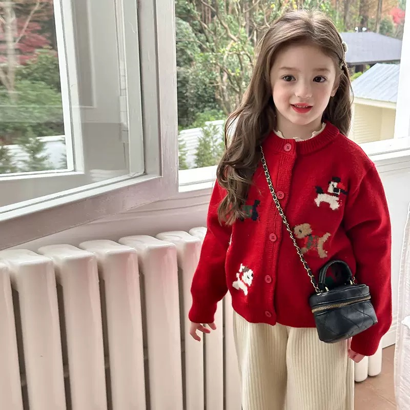 Cardigan len AMBB hoạ tiết cún 2 màu đỏ/kem bé gái size 90-160