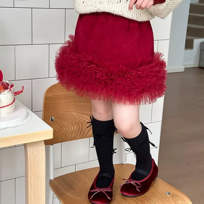 Chân váy nhung đính viền ren AMBB 2 màu đỏ/đen bé gái size 90-160
