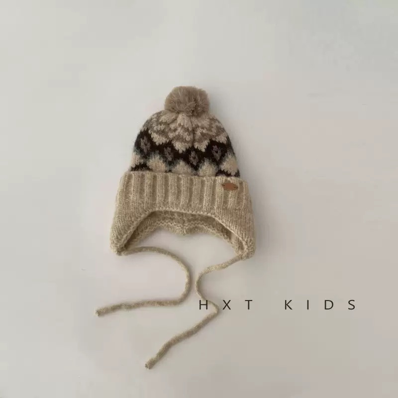 Mũ len chùm tai cục bông họa tiết thổ cẩm cho bé size 47-52cm