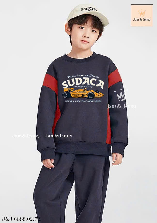 JJ 6688 - Bộ nỉ hai da Jam & Jenny phối sọc hình ô tô xanh than size 2-12y