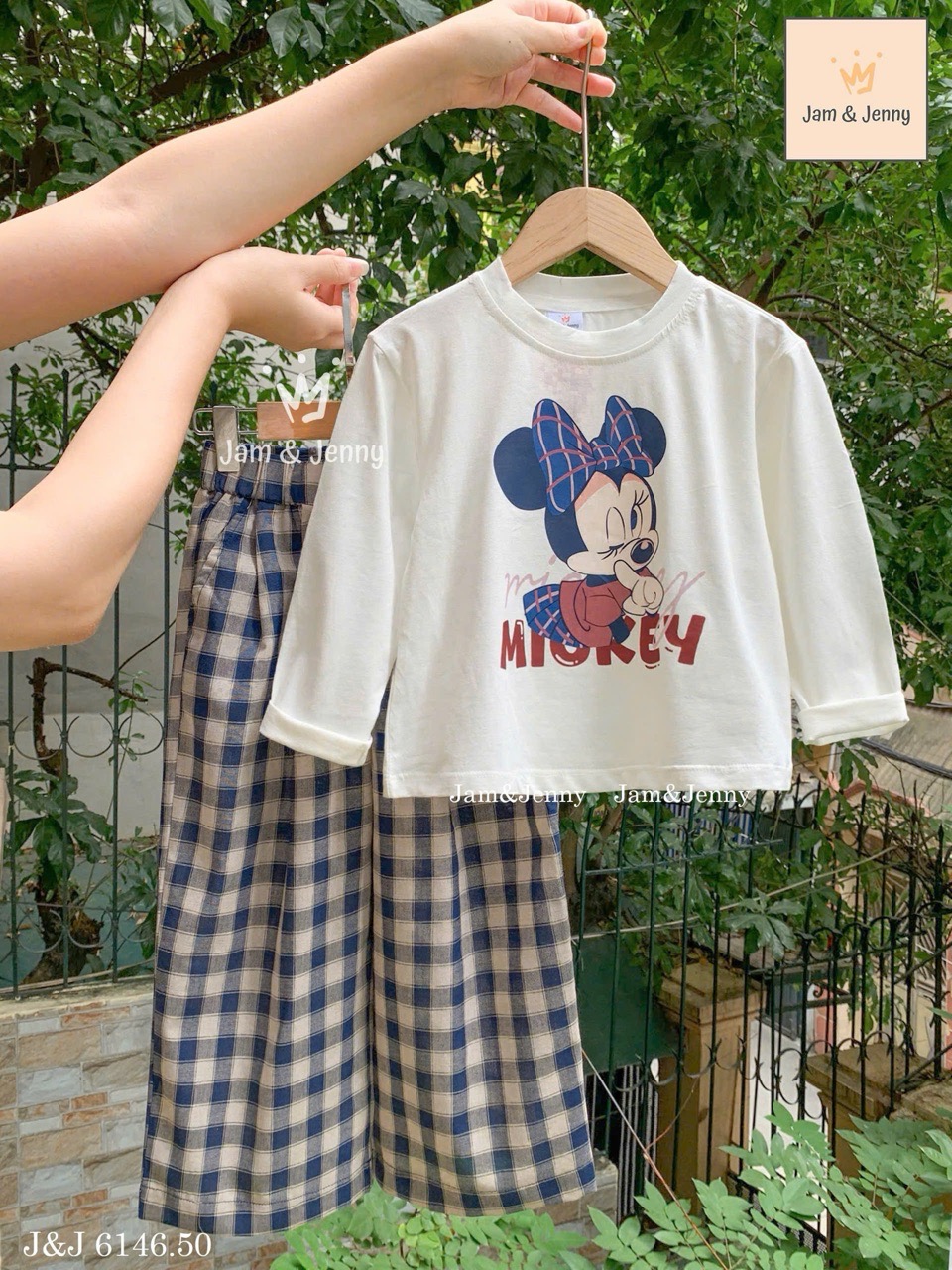 JJ 6146 - Bộ Jam & Jenny áo dài tay in mickey + quần kẻ 6-12y