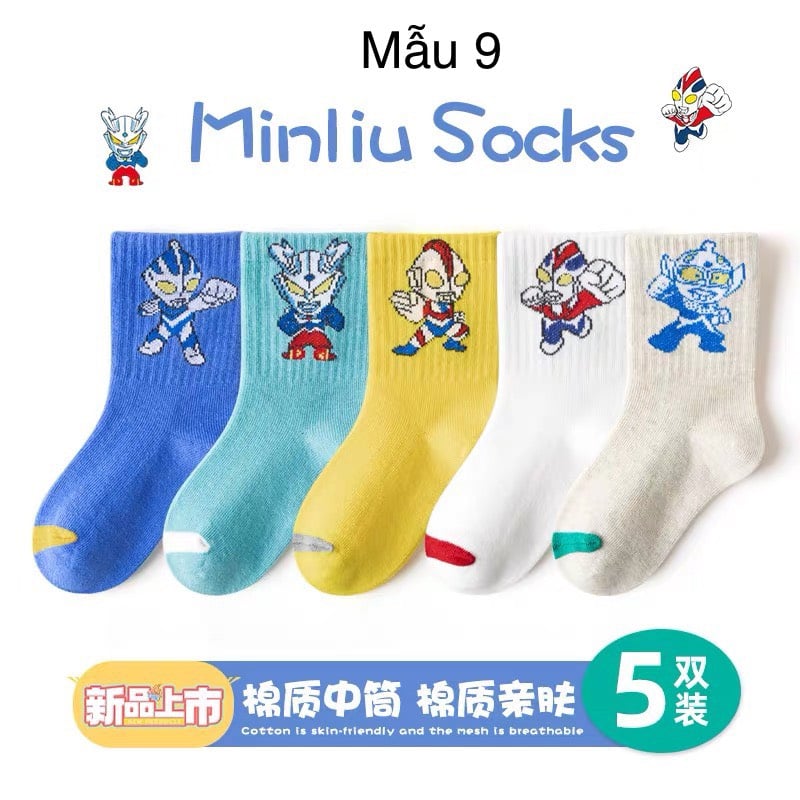 Set 5 tất Minliu Kids Socks nhiều hình Bé Trai size S - XL ( 2 - 12y )