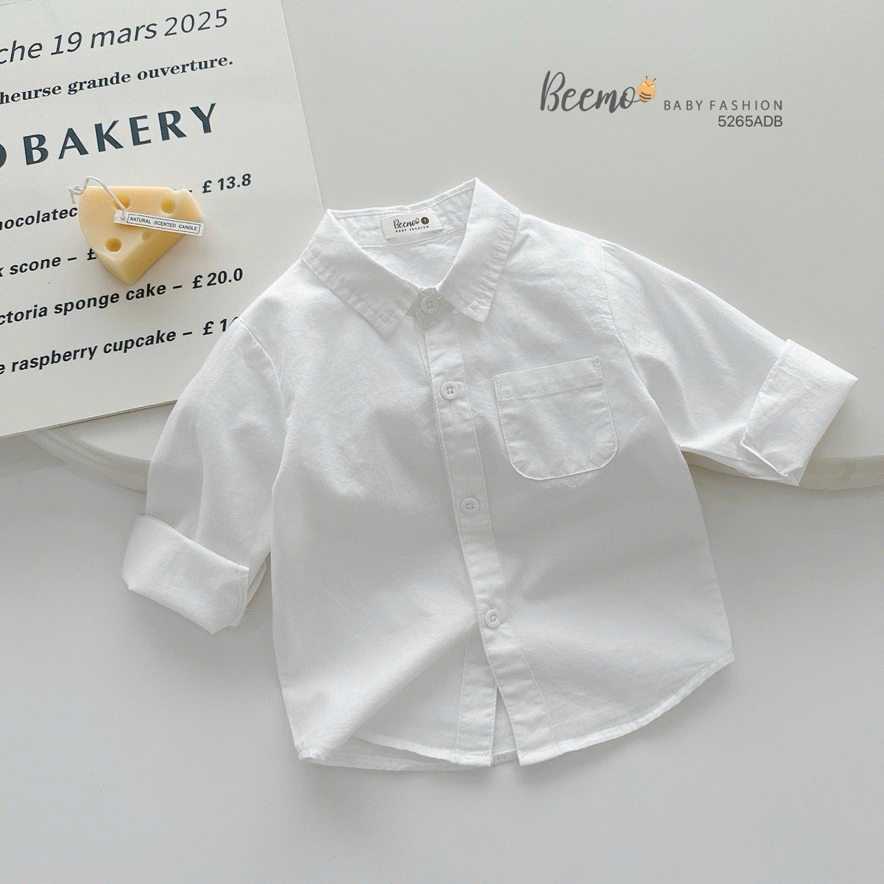 Áo sơ mi Beemo cổ đức màu trắng cho bé trai size 1-6y